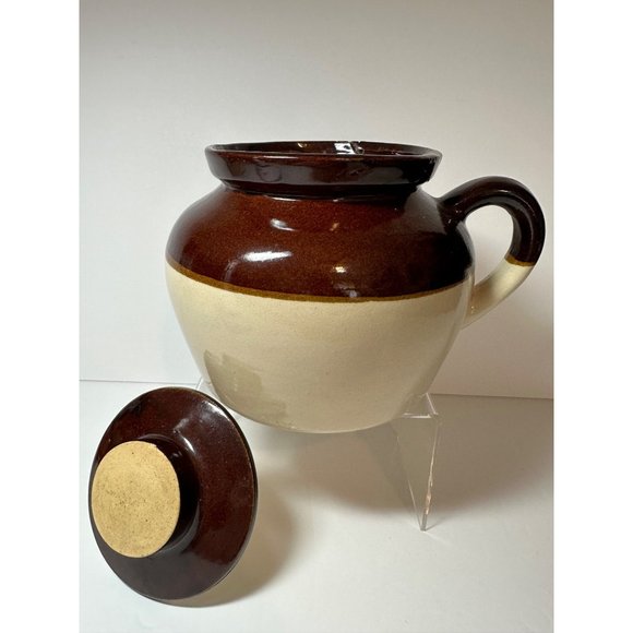 Brown & Tan 1 Quart Bean Stoneware Crock with Lid Made In USA - Picture 2 of 8